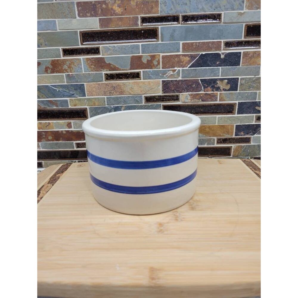 Vintage RRP Butter Crock, 1 qt. Double Blue Stripe Stoneware Farmhouse Primitive